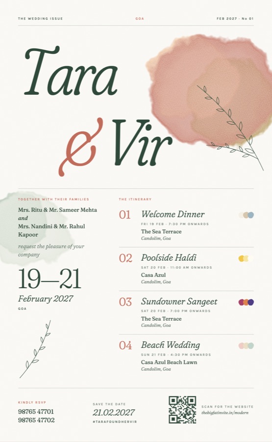 Modern Editorial wedding invitation sample for Tara and Vir