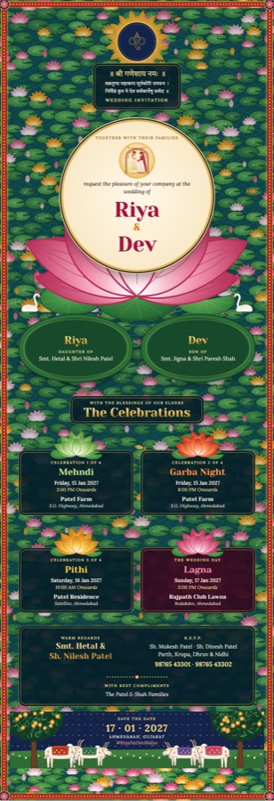 Pichwai Lotus Pond wedding invitation sample for Riya and Dev