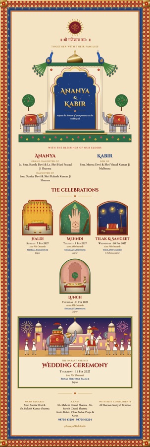 Rajputana Miniature wedding invitation sample for Ananya and Kabir